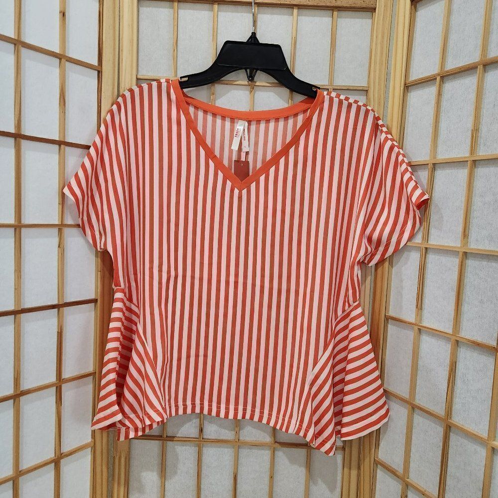 True Destiny Womens Striped Orange White Blouse Size L NWT